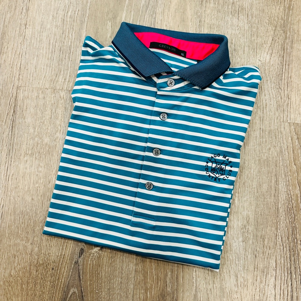 Greyson Polo Mens XL Teal White Striped Lago Mar Country Club Golf Polo Shirt - Picture 10 of 16